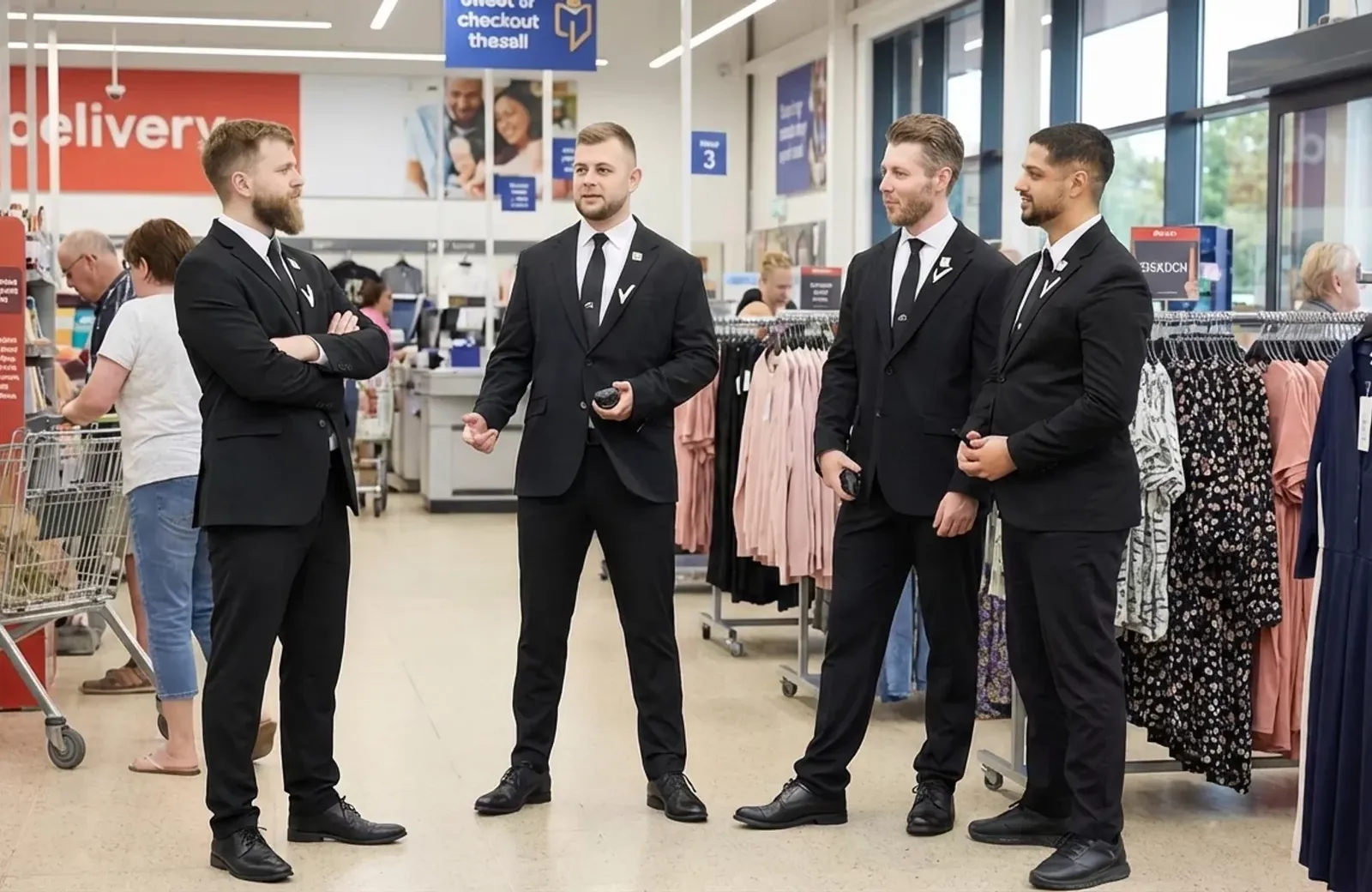 Beveiligers van All Day Services in een winkel tijdens winkelbeveiliging tussen het winkelend publiek